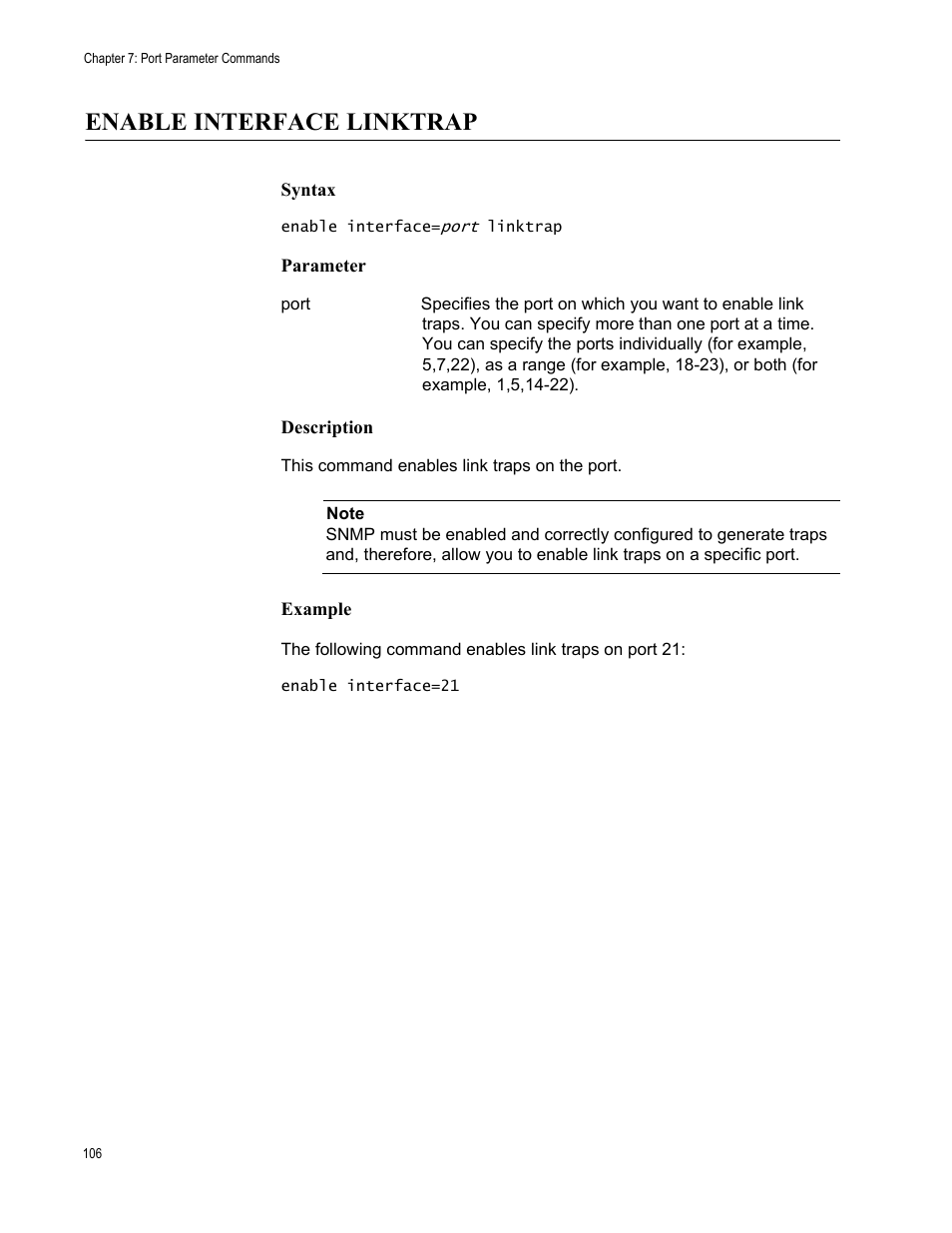 Enable interface linktrap, Syntax, Parameter | Description, Example | Allied Telesis AT-S63 User Manual | Page 106 / 562