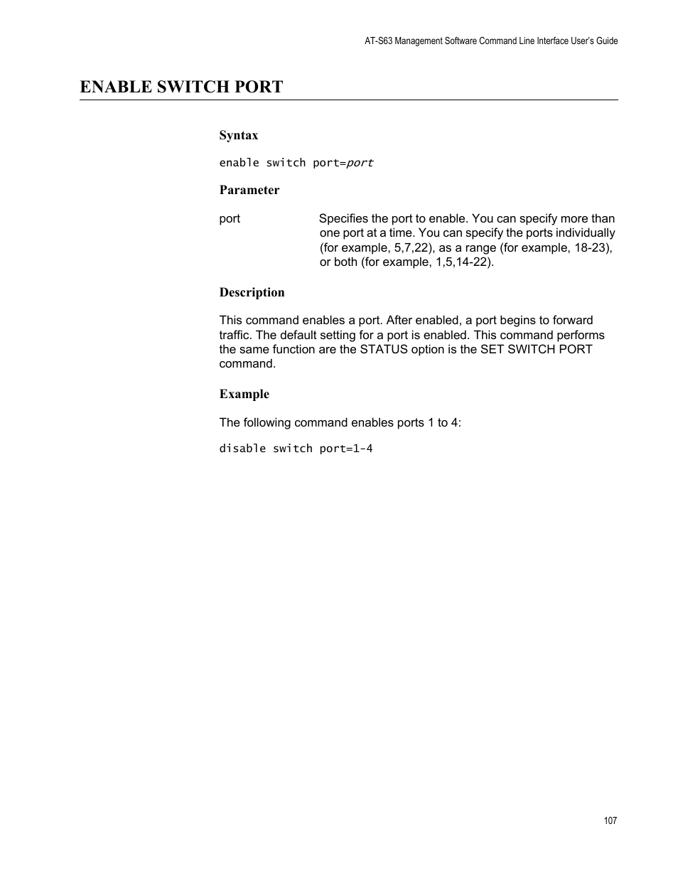 Enable switch port, Syntax, Parameter | Description, Example | Allied Telesis AT-S63 User Manual | Page 107 / 562