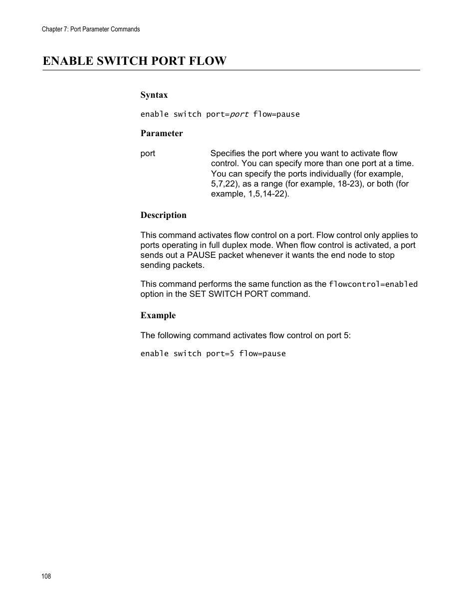 Enable switch port flow, Syntax, Parameter | Description, Example | Allied Telesis AT-S63 User Manual | Page 108 / 562