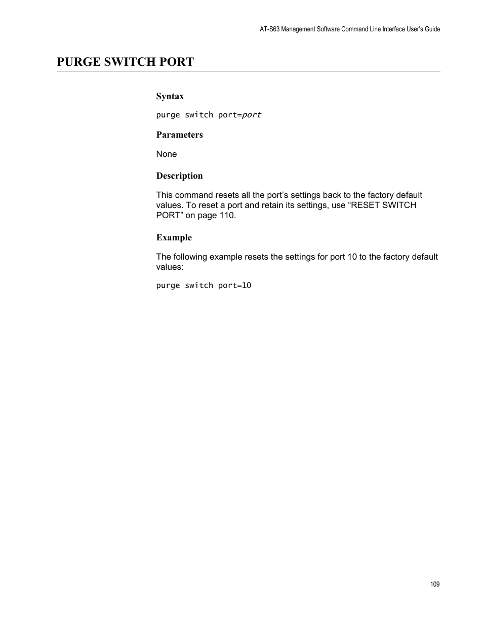 Purge switch port, Syntax, Parameters | Description, Example | Allied Telesis AT-S63 User Manual | Page 109 / 562