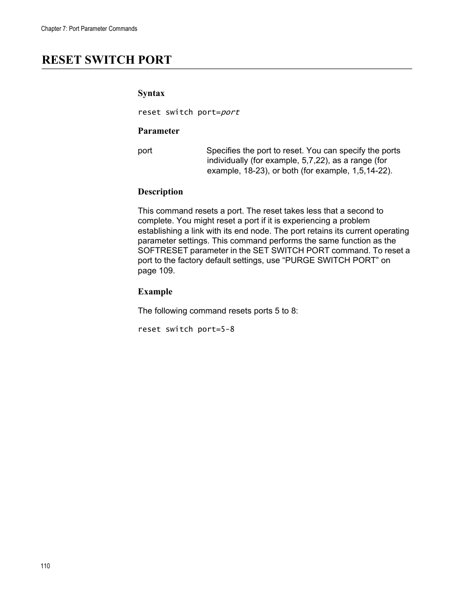 Reset switch port, Syntax, Parameter | Description, Example | Allied Telesis AT-S63 User Manual | Page 110 / 562