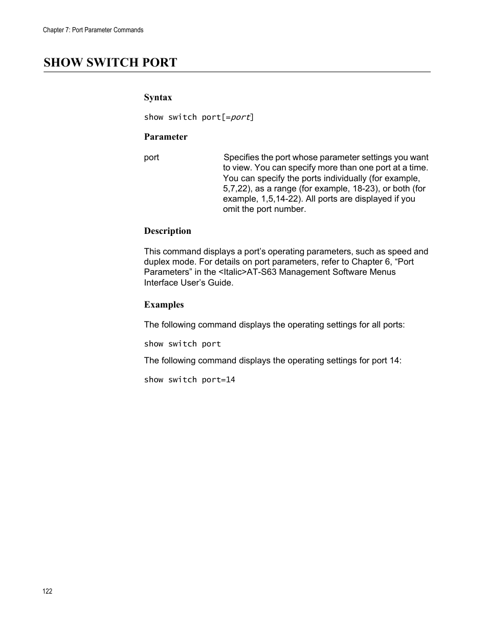 Show switch port, Syntax, Parameter | Description, Examples | Allied Telesis AT-S63 User Manual | Page 122 / 562