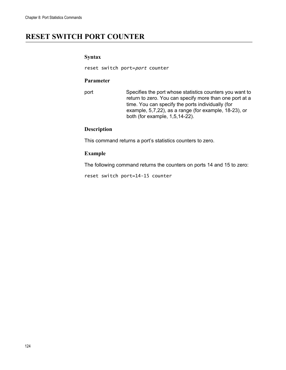 Reset switch port counter, Syntax, Parameter | Description, Example | Allied Telesis AT-S63 User Manual | Page 124 / 562