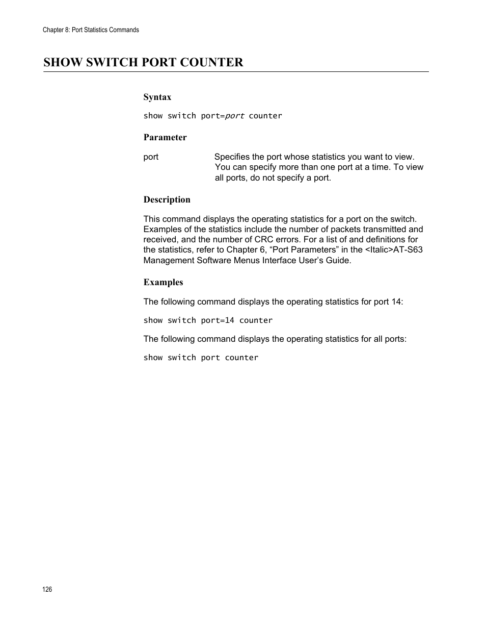 Show switch port counter, Syntax, Parameter | Description, Examples | Allied Telesis AT-S63 User Manual | Page 126 / 562