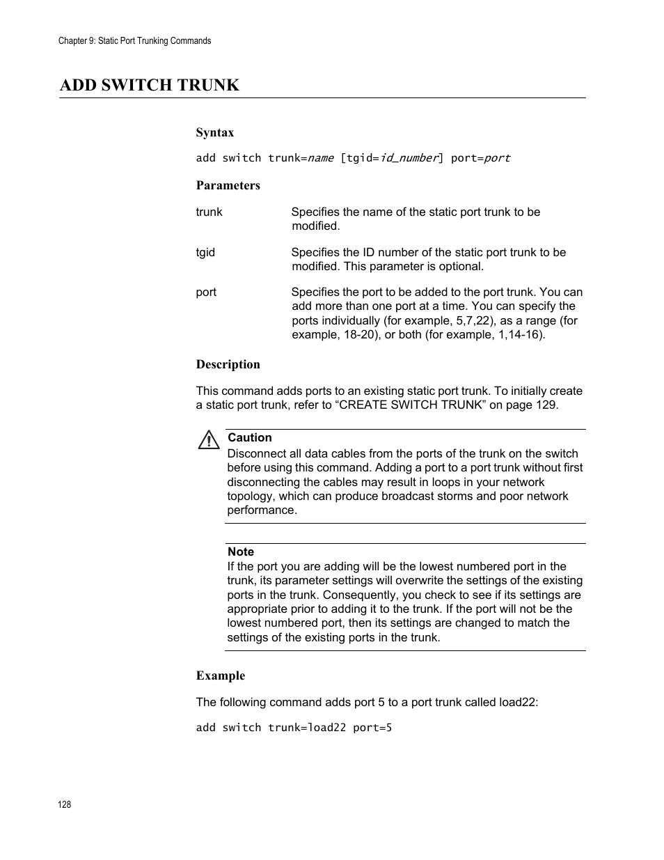 Add switch trunk, Syntax, Parameters | Description, Example | Allied Telesis AT-S63 User Manual | Page 128 / 562