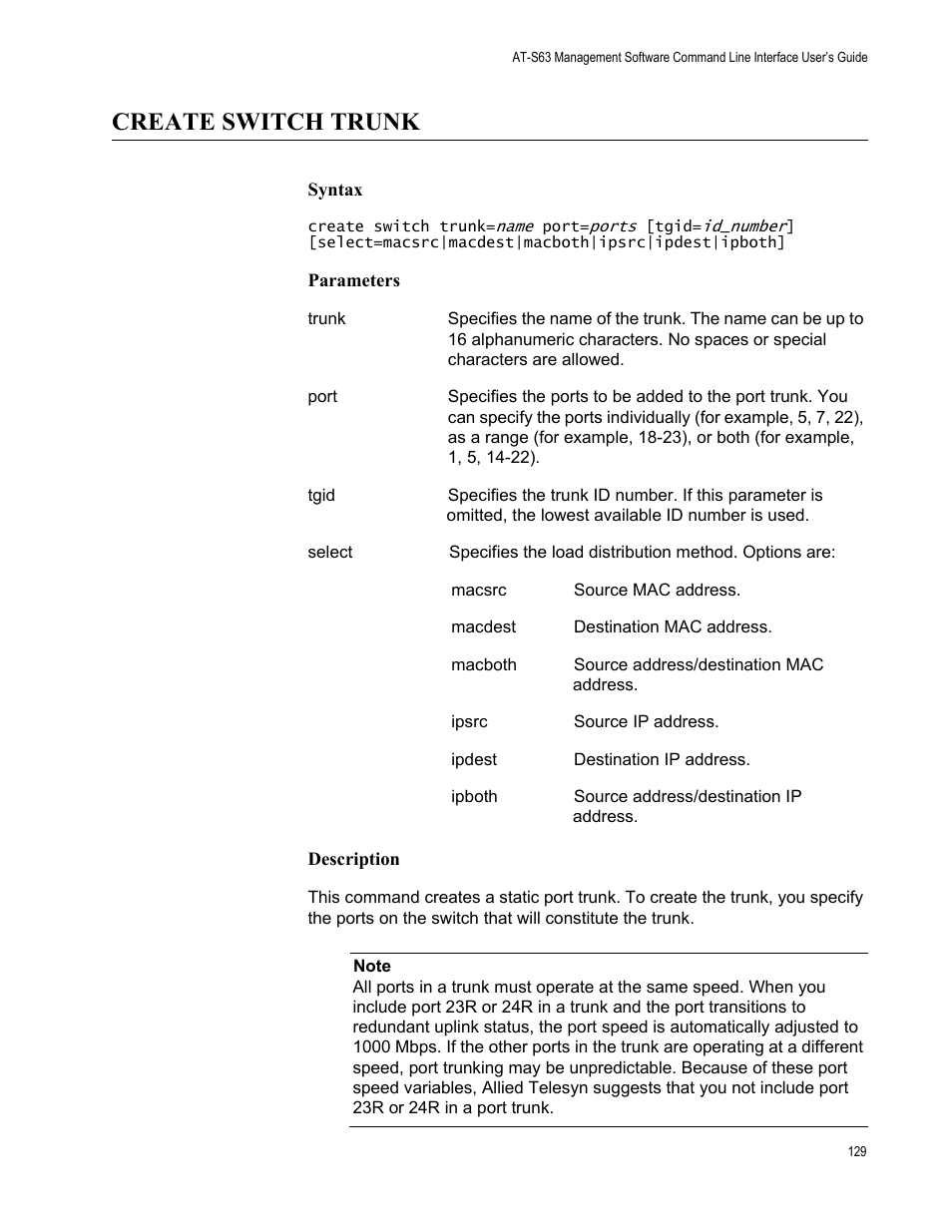 Create switch trunk, Syntax, Parameters | Description | Allied Telesis AT-S63 User Manual | Page 129 / 562
