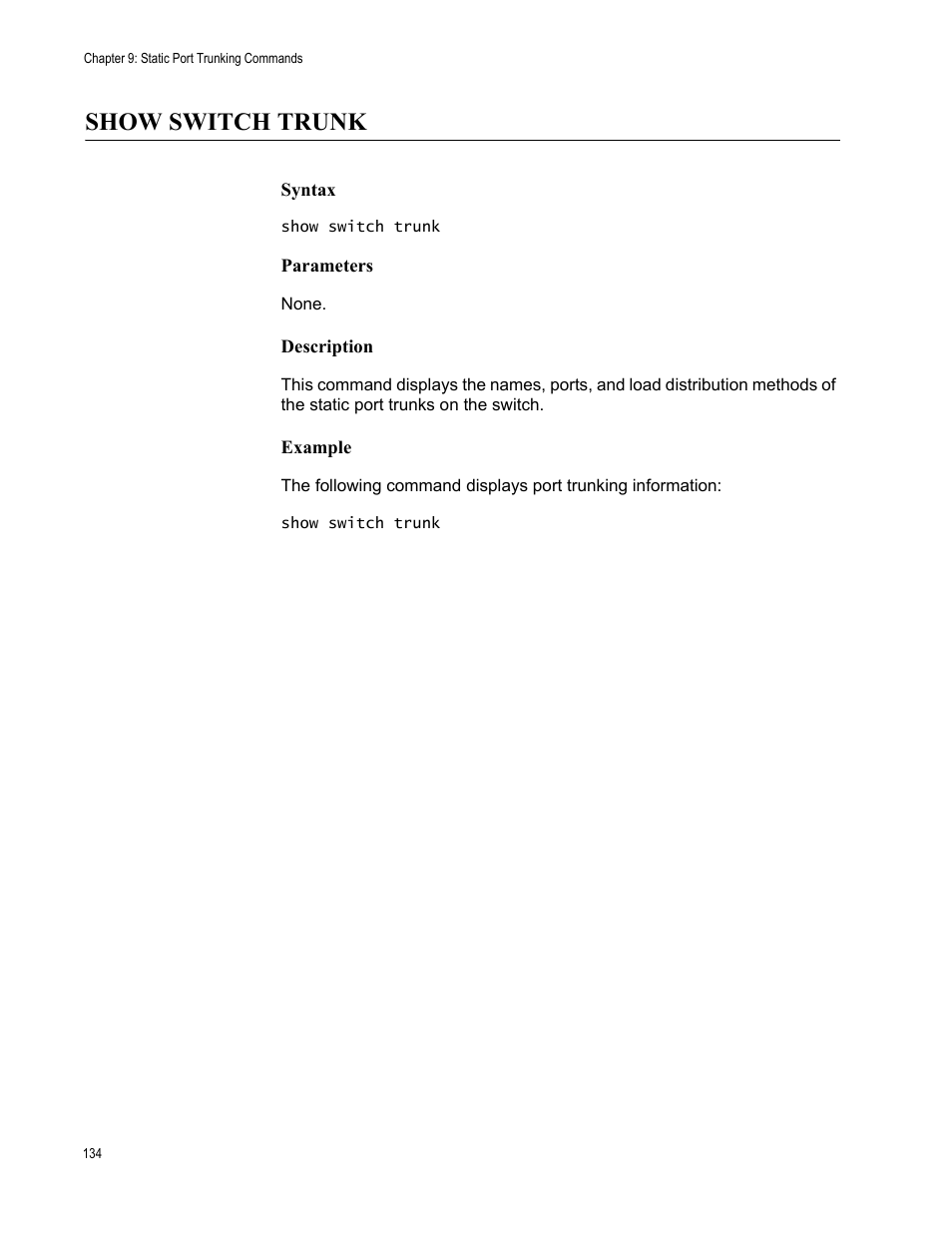 Show switch trunk, Syntax, Parameters | Description, Example | Allied Telesis AT-S63 User Manual | Page 134 / 562