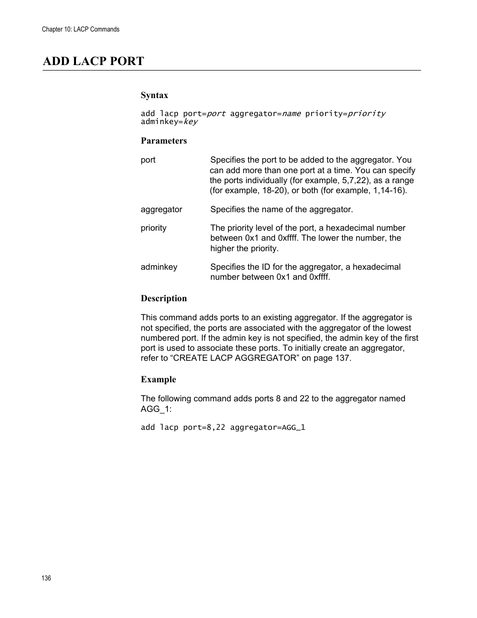 Add lacp port, Syntax, Parameters | Description, Example | Allied Telesis AT-S63 User Manual | Page 136 / 562
