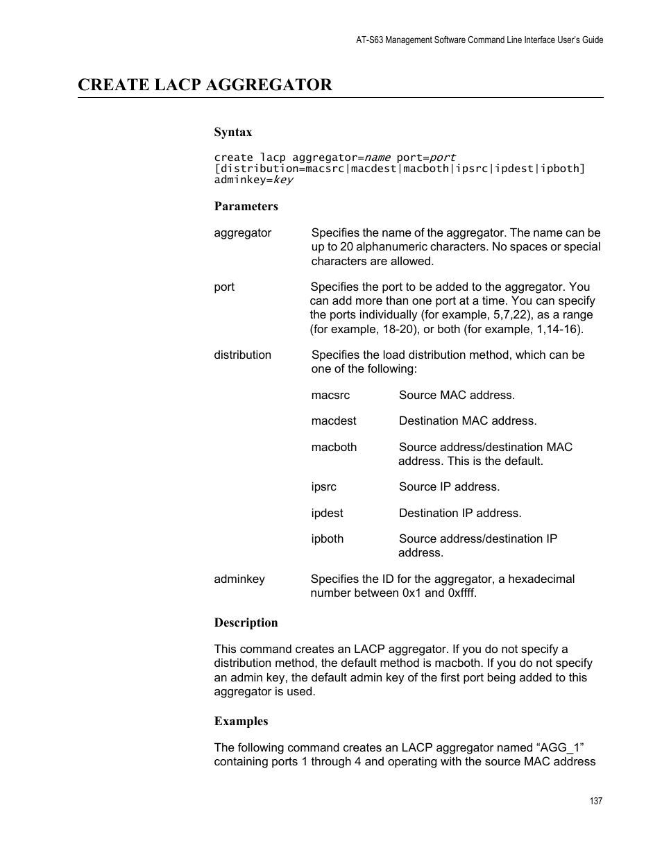 Create lacp aggregator, Syntax, Parameters | Description, Examples | Allied Telesis AT-S63 User Manual | Page 137 / 562