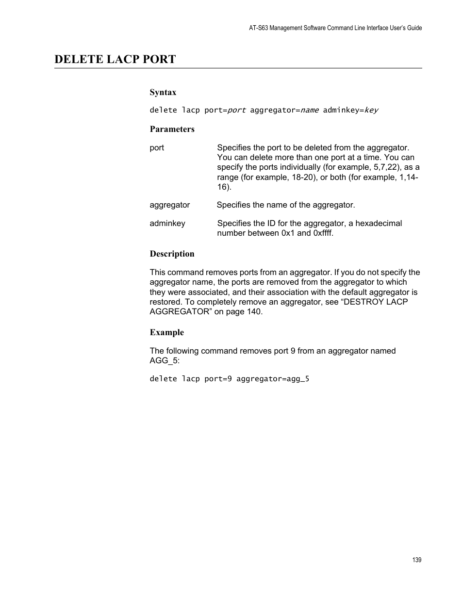 Delete lacp port, Syntax, Parameters | Description, Example | Allied Telesis AT-S63 User Manual | Page 139 / 562