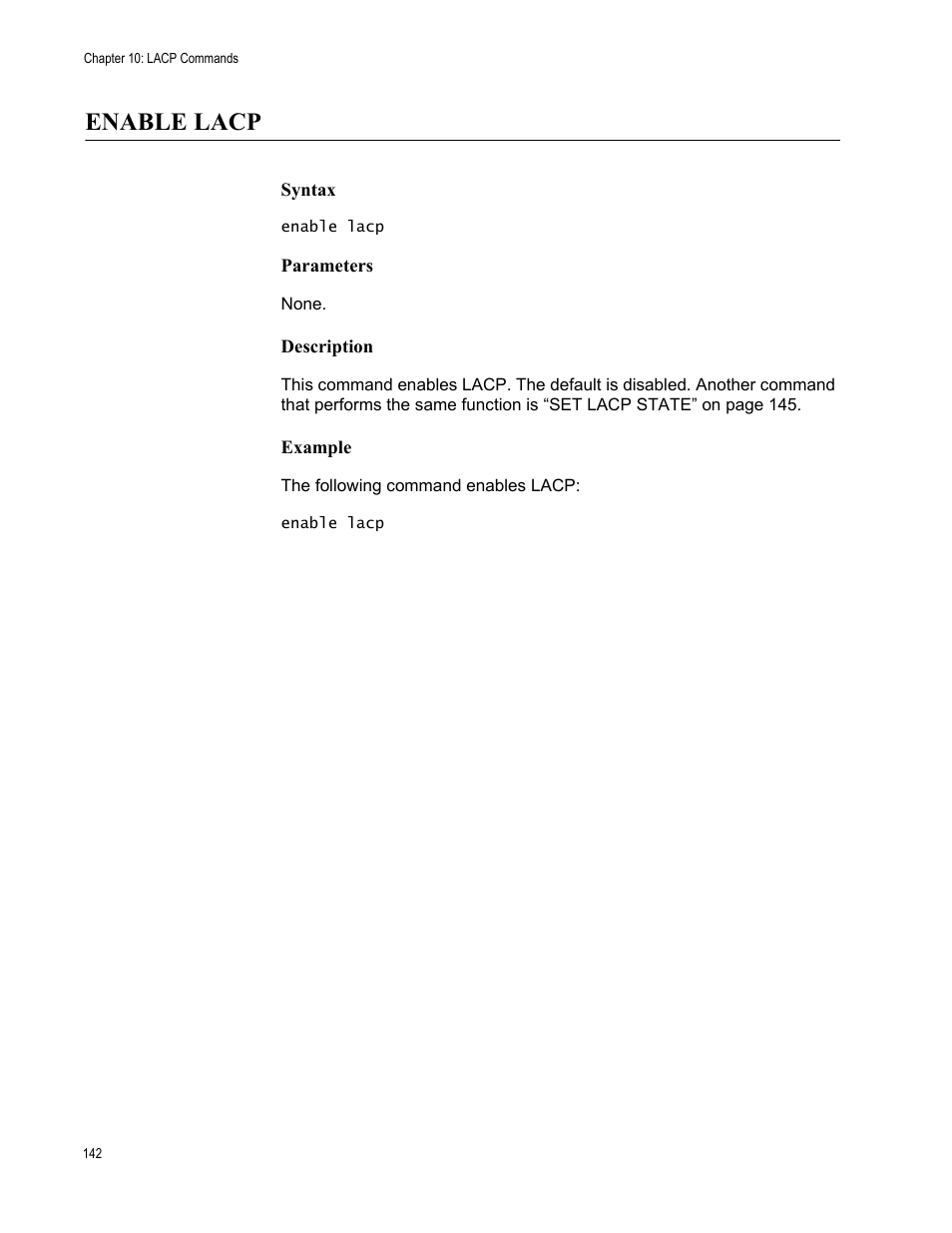 Enable lacp, Syntax, Parameters | Description, Example | Allied Telesis AT-S63 User Manual | Page 142 / 562