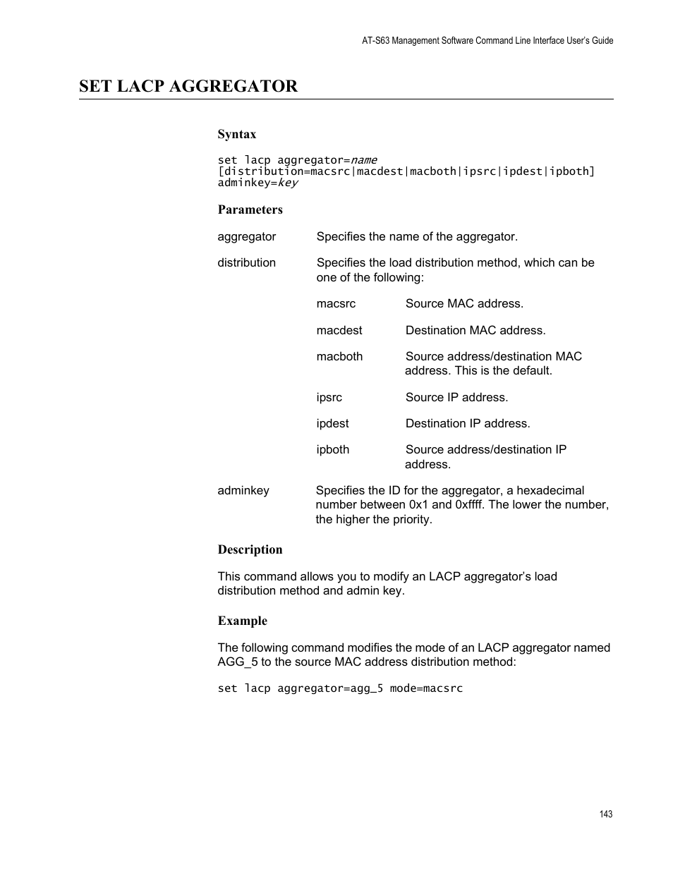 Set lacp aggregator, Syntax, Parameters | Description, Example | Allied Telesis AT-S63 User Manual | Page 143 / 562
