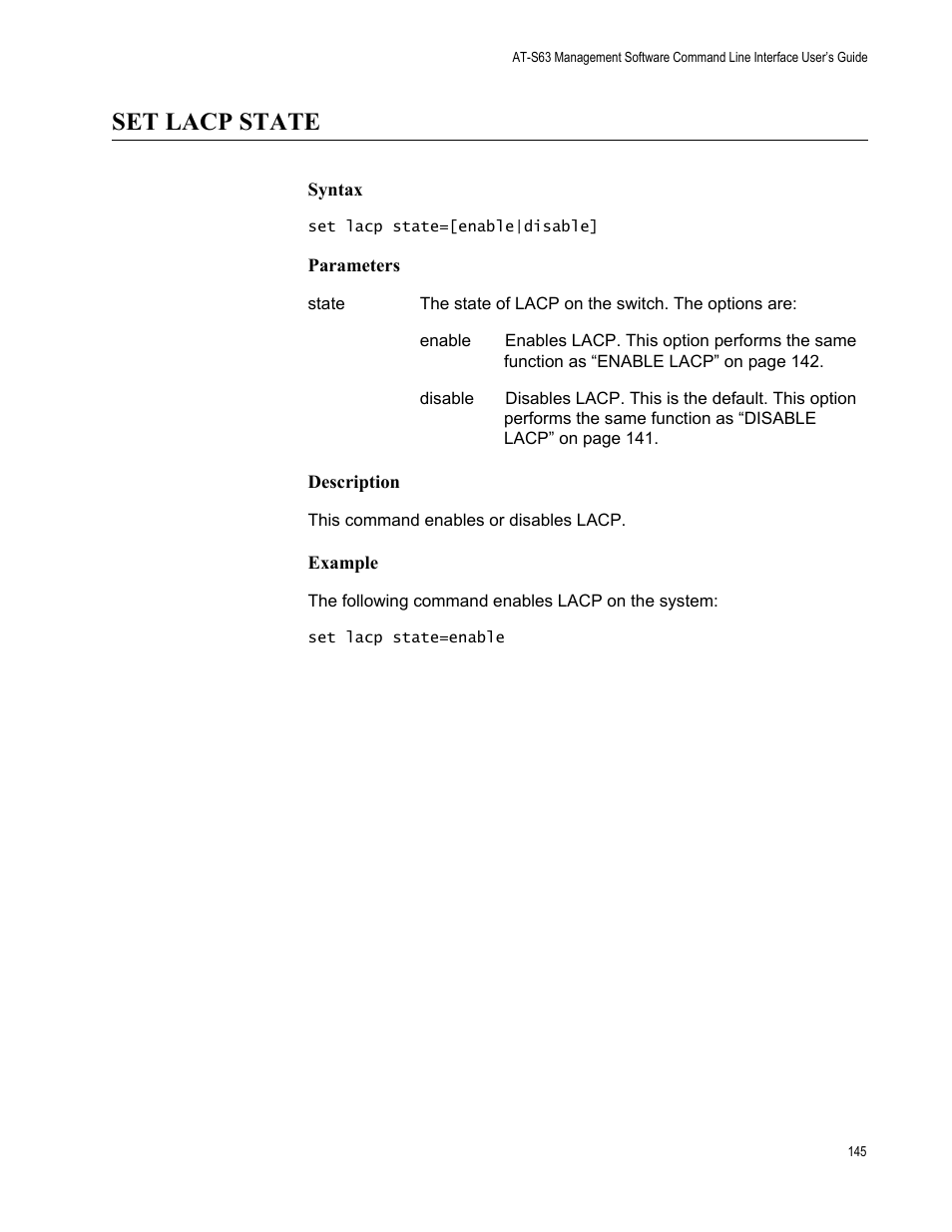 Set lacp state, Syntax, Parameters | Description, Example | Allied Telesis AT-S63 User Manual | Page 145 / 562