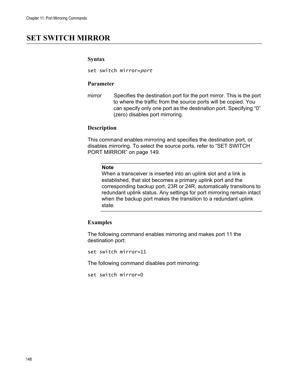 Set switch mirror, Syntax, Parameter | Description, Examples | Allied Telesis AT-S63 User Manual | Page 148 / 562