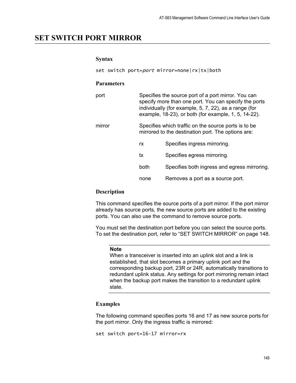 Set switch port mirror, Syntax, Parameters | Description, Examples | Allied Telesis AT-S63 User Manual | Page 149 / 562