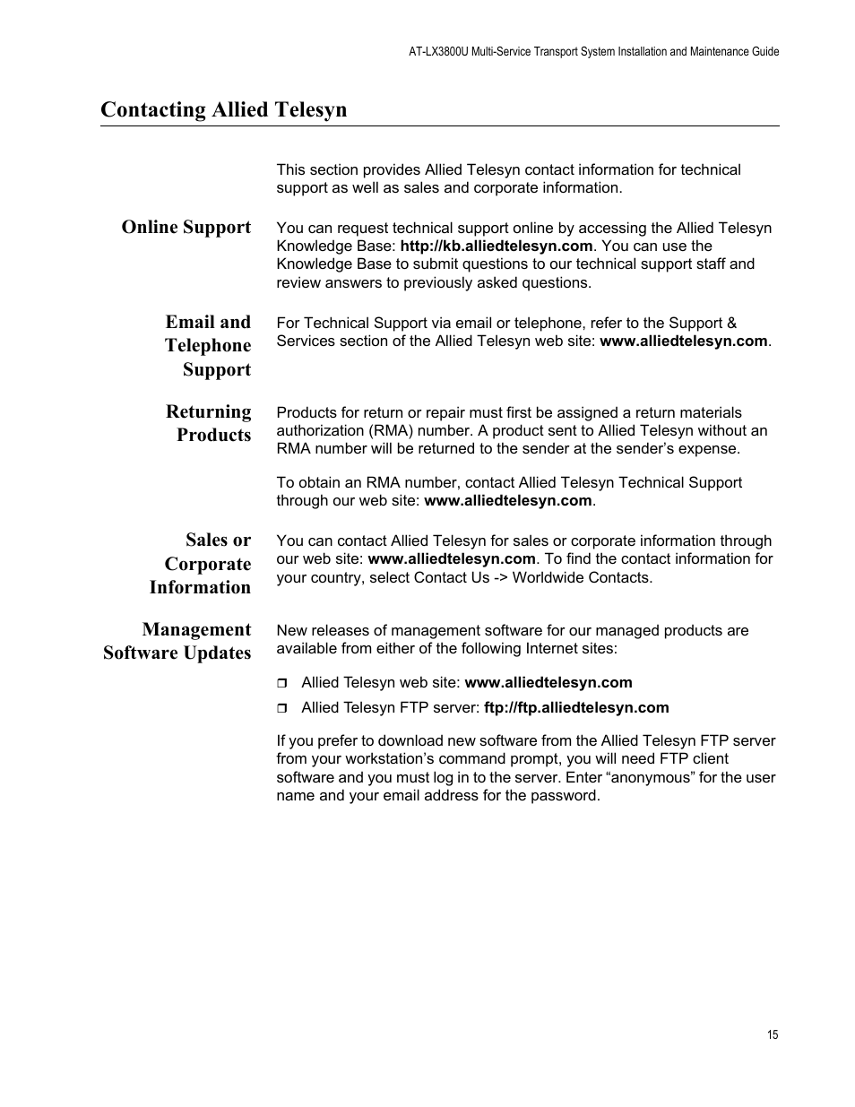 Contacting allied telesyn, Online support, Email and telephone support | Returning products, Sales or corporate information, Management software updates | Allied Telesis AT-S63 User Manual | Page 15 / 562
