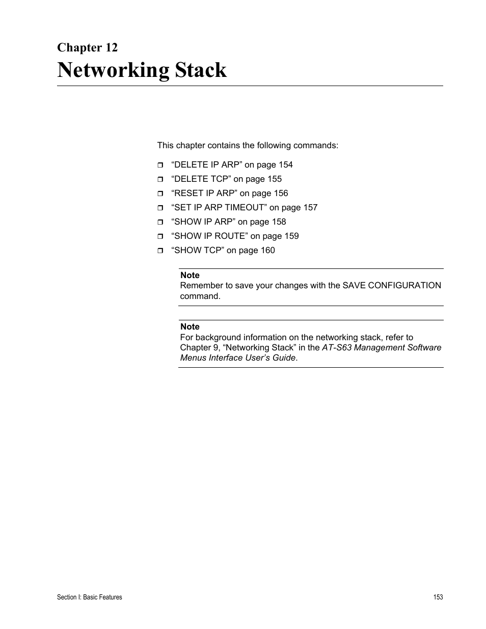 Chapter 12, Networking stack, Chapter 12: networking stack | Allied Telesis AT-S63 User Manual | Page 153 / 562