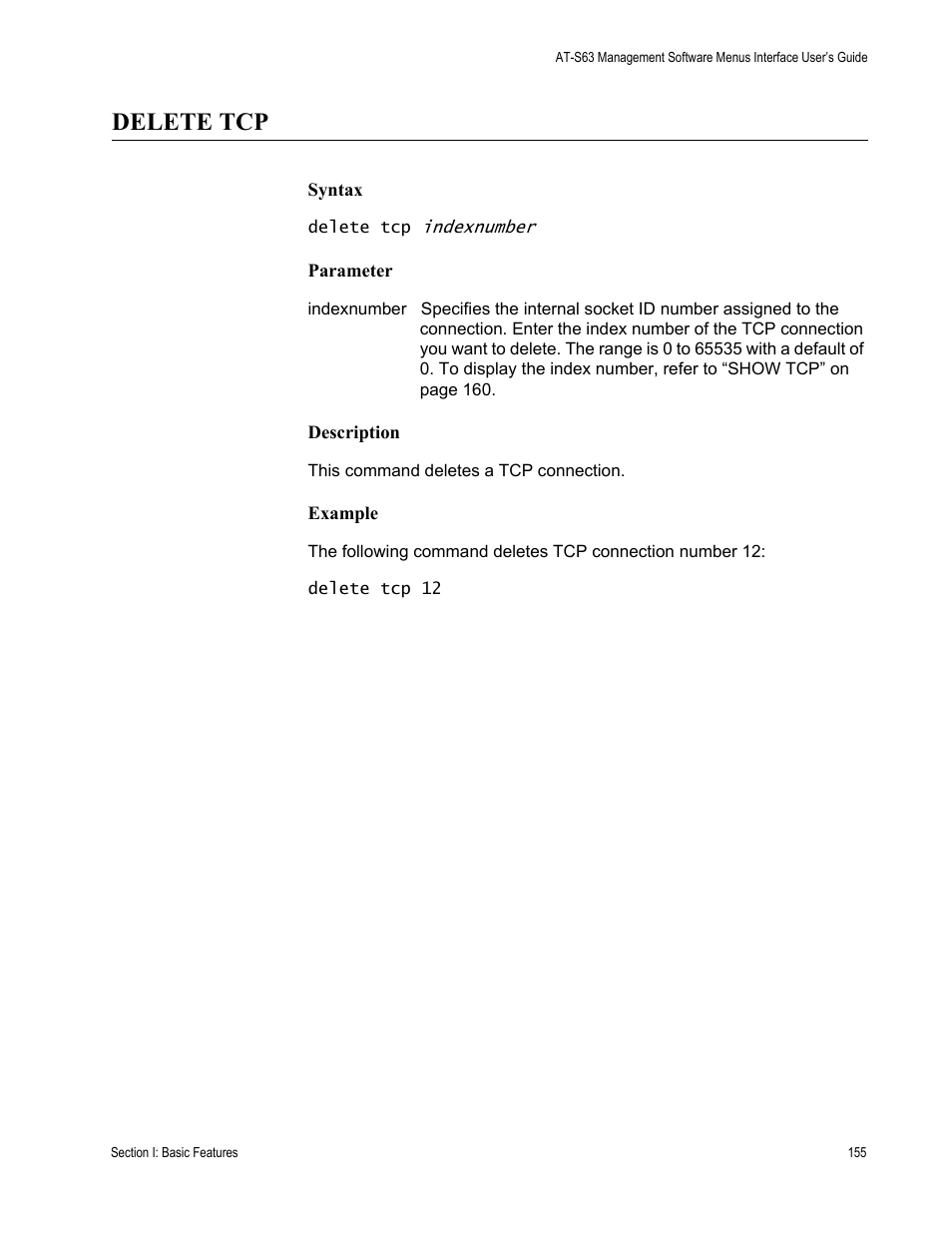 Delete tcp, Syntax, Parameter | Description, Example | Allied Telesis AT-S63 User Manual | Page 155 / 562