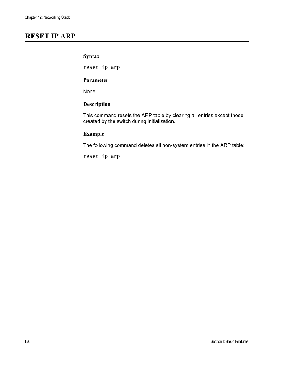 Reset ip arp, Syntax, Parameter | Description, Example | Allied Telesis AT-S63 User Manual | Page 156 / 562
