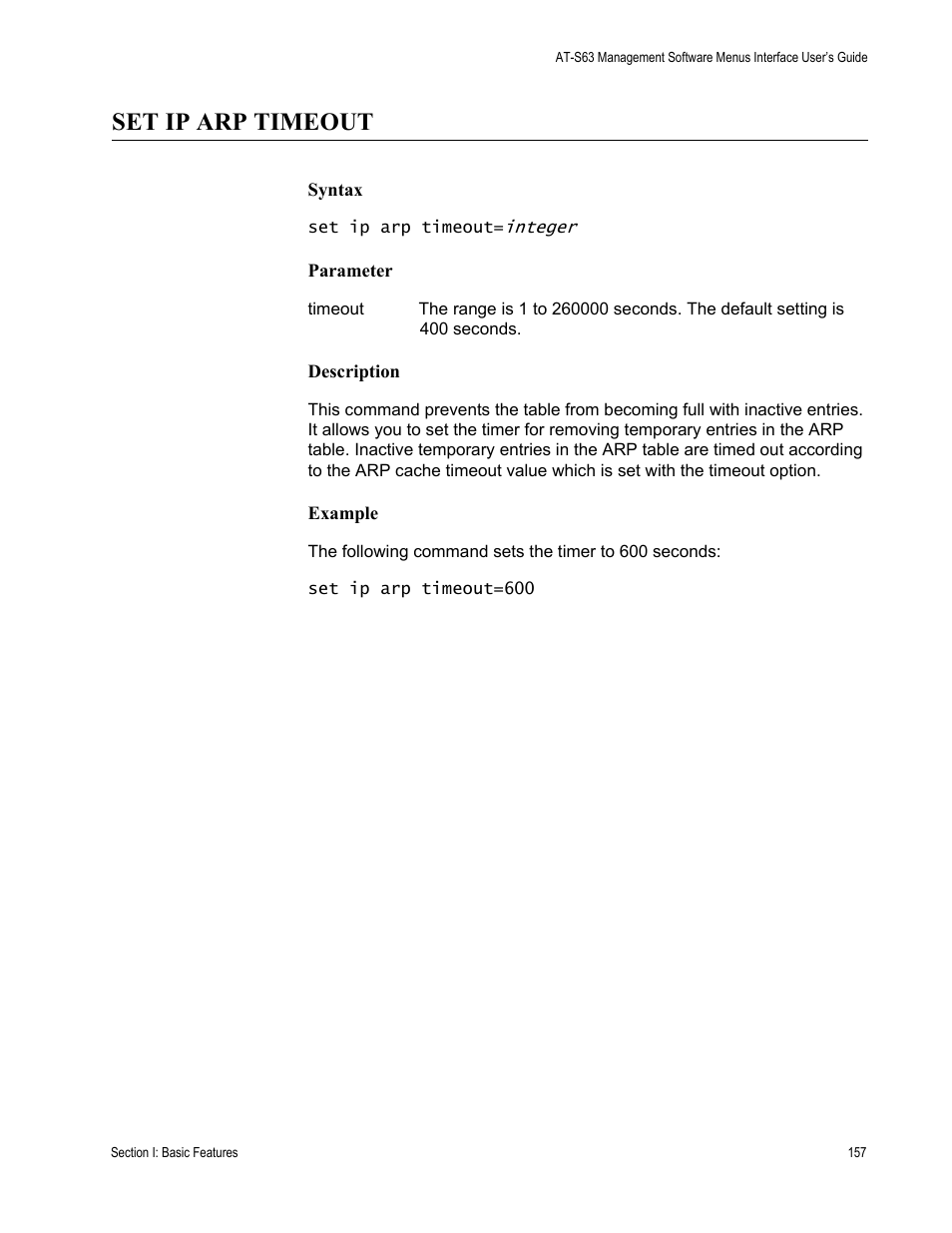 Set ip arp timeout, Syntax, Parameter | Description, Example | Allied Telesis AT-S63 User Manual | Page 157 / 562