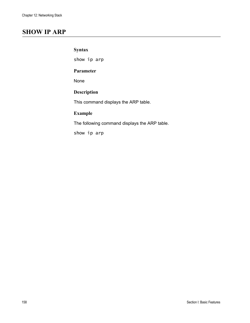 Show ip arp, Syntax, Parameter | Description, Example | Allied Telesis AT-S63 User Manual | Page 158 / 562