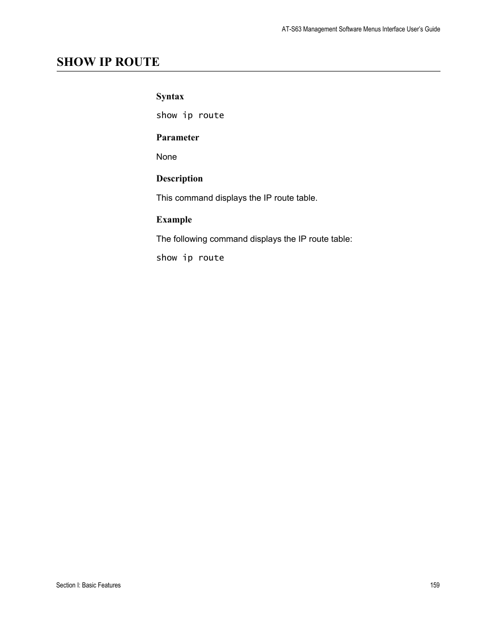 Show ip route, Syntax, Parameter | Description, Example | Allied Telesis AT-S63 User Manual | Page 159 / 562