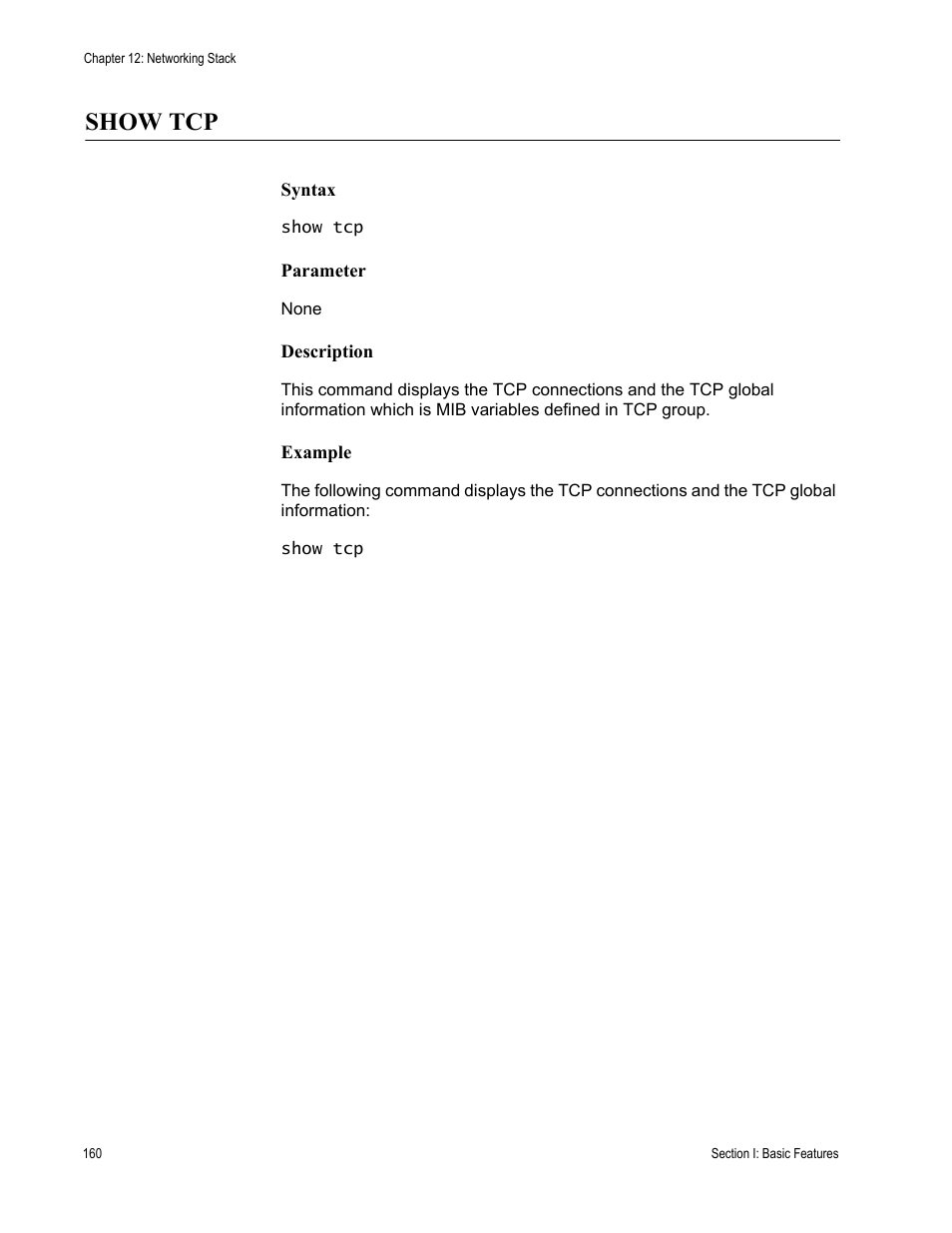 Show tcp, Syntax, Parameter | Description, Example | Allied Telesis AT-S63 User Manual | Page 160 / 562