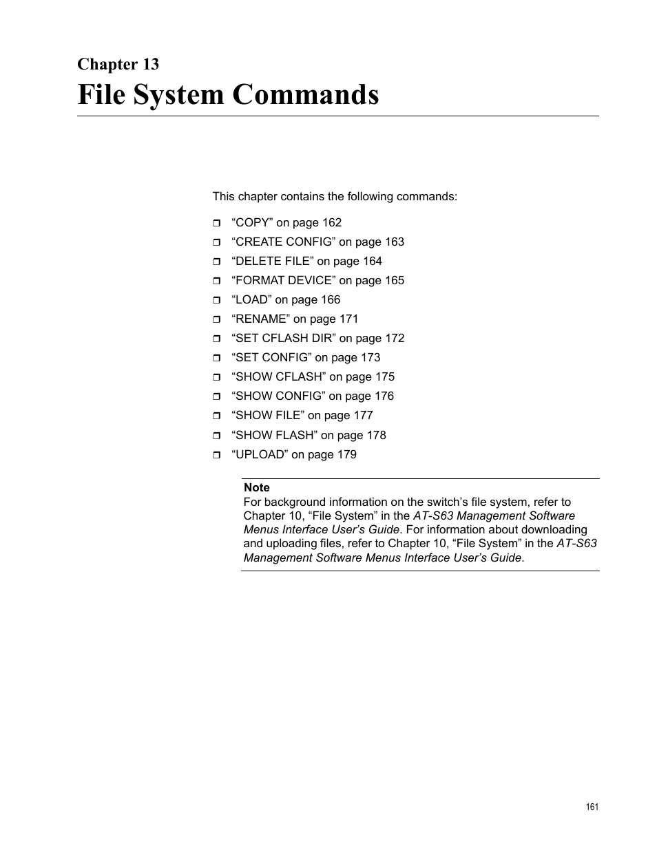 Chapter 13, File system commands | Allied Telesis AT-S63 User Manual | Page 161 / 562