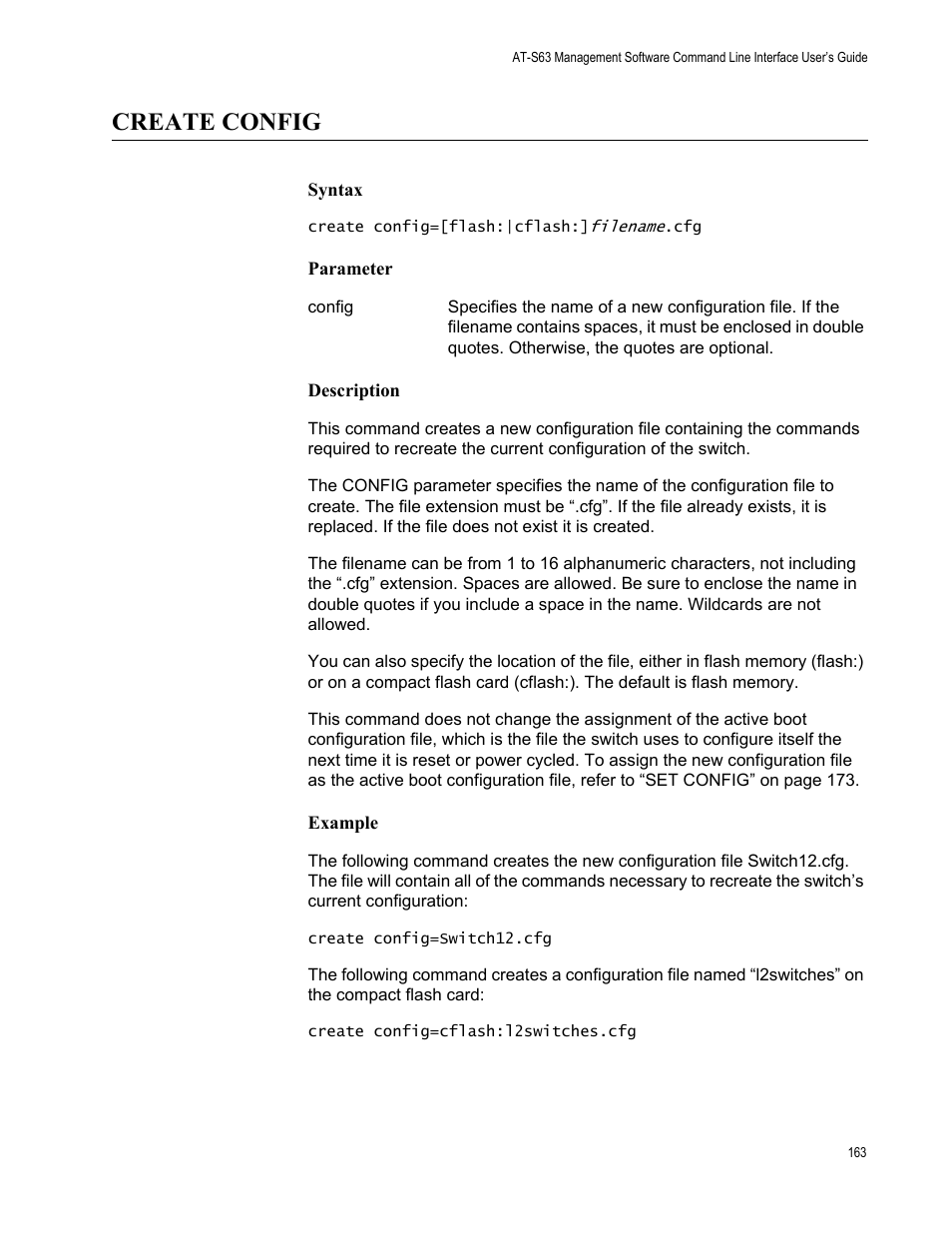 Create config, Syntax, Parameter | Description, Example | Allied Telesis AT-S63 User Manual | Page 163 / 562