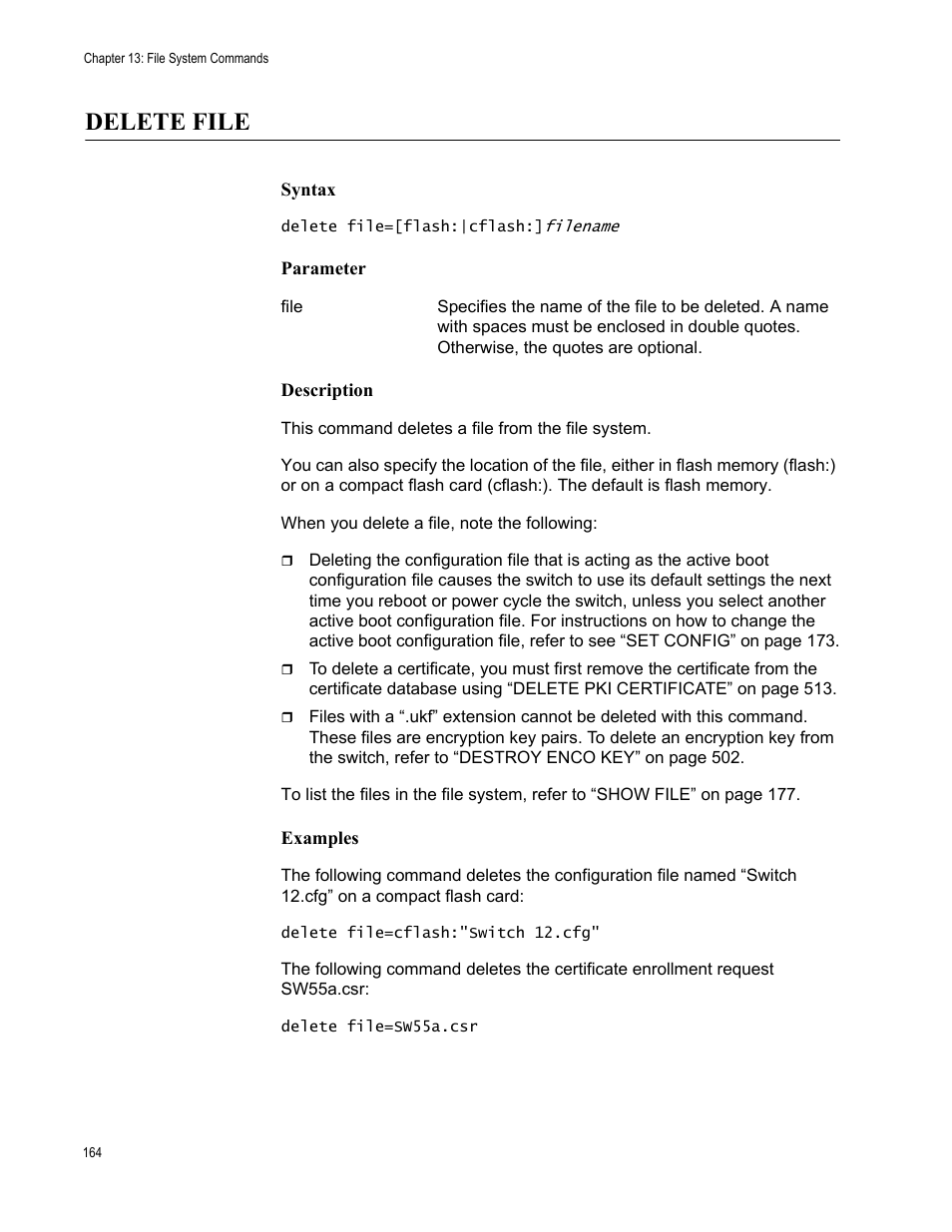 Delete file, Syntax, Parameter | Description, Examples | Allied Telesis AT-S63 User Manual | Page 164 / 562