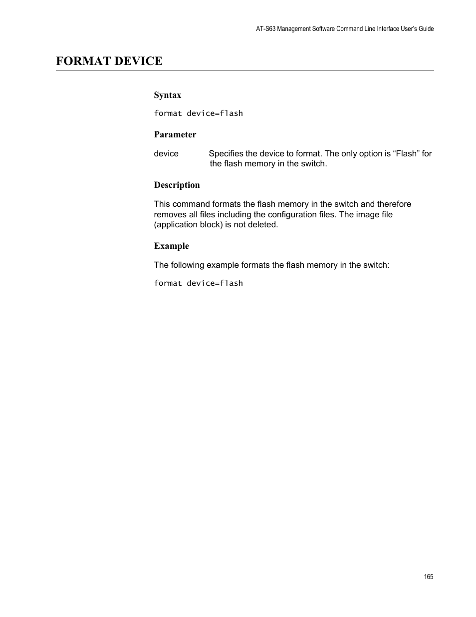 Format device, Syntax, Parameter | Description, Example | Allied Telesis AT-S63 User Manual | Page 165 / 562