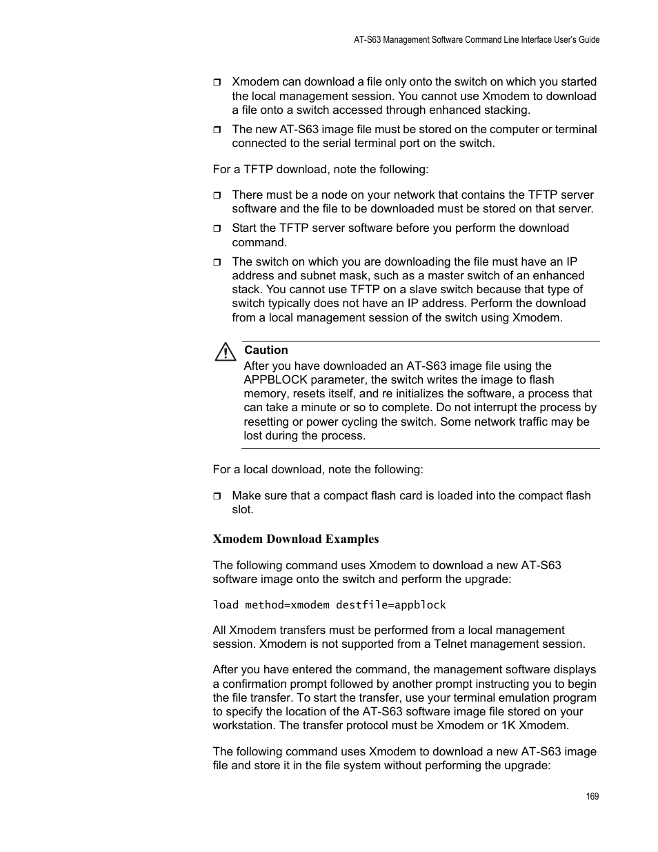 Xmodem download examples | Allied Telesis AT-S63 User Manual | Page 169 / 562