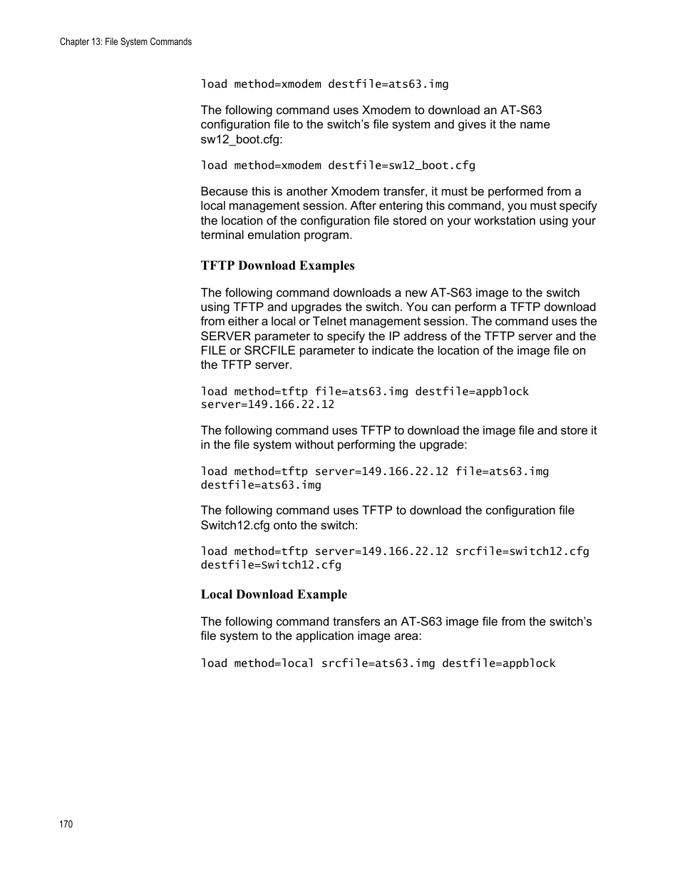 Tftp download examples, Local download example | Allied Telesis AT-S63 User Manual | Page 170 / 562