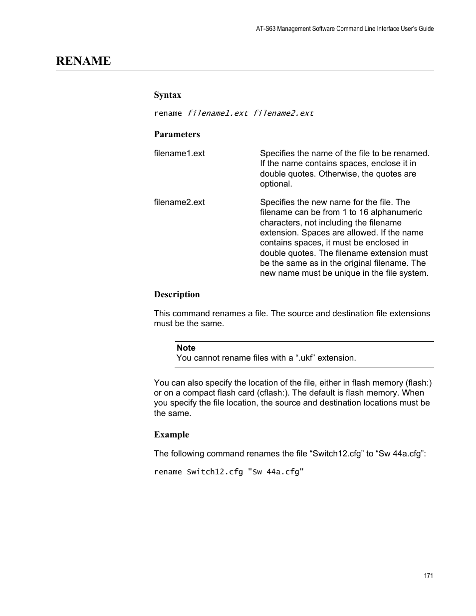 Rename, Syntax, Parameters | Description, Example | Allied Telesis AT-S63 User Manual | Page 171 / 562