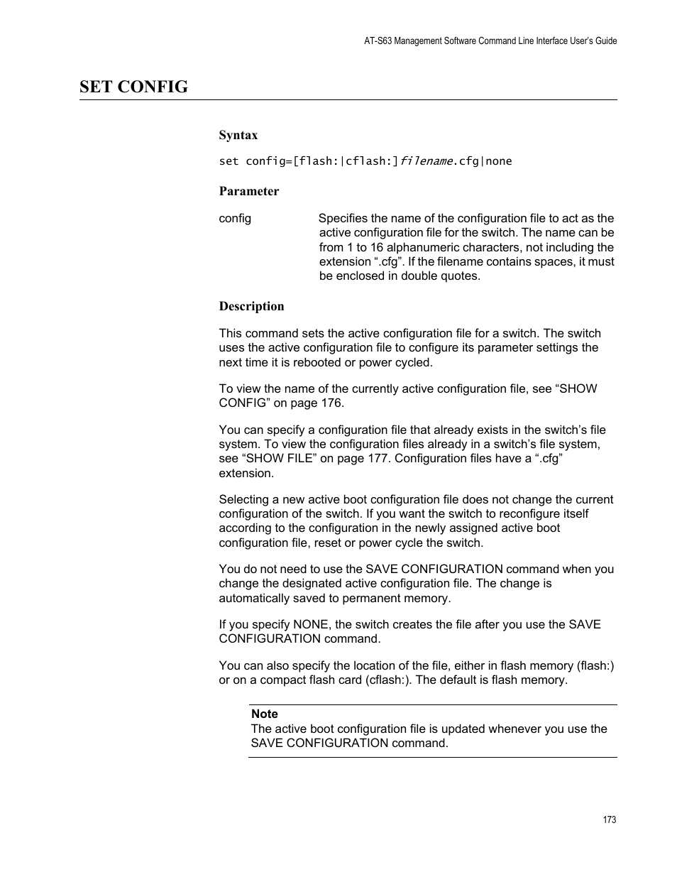 Set config, Syntax, Parameter | Description | Allied Telesis AT-S63 User Manual | Page 173 / 562