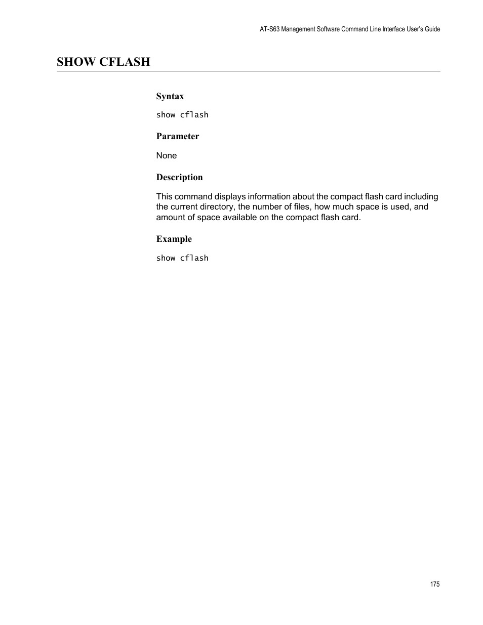 Show cflash, Syntax, Parameter | Description, Example | Allied Telesis AT-S63 User Manual | Page 175 / 562