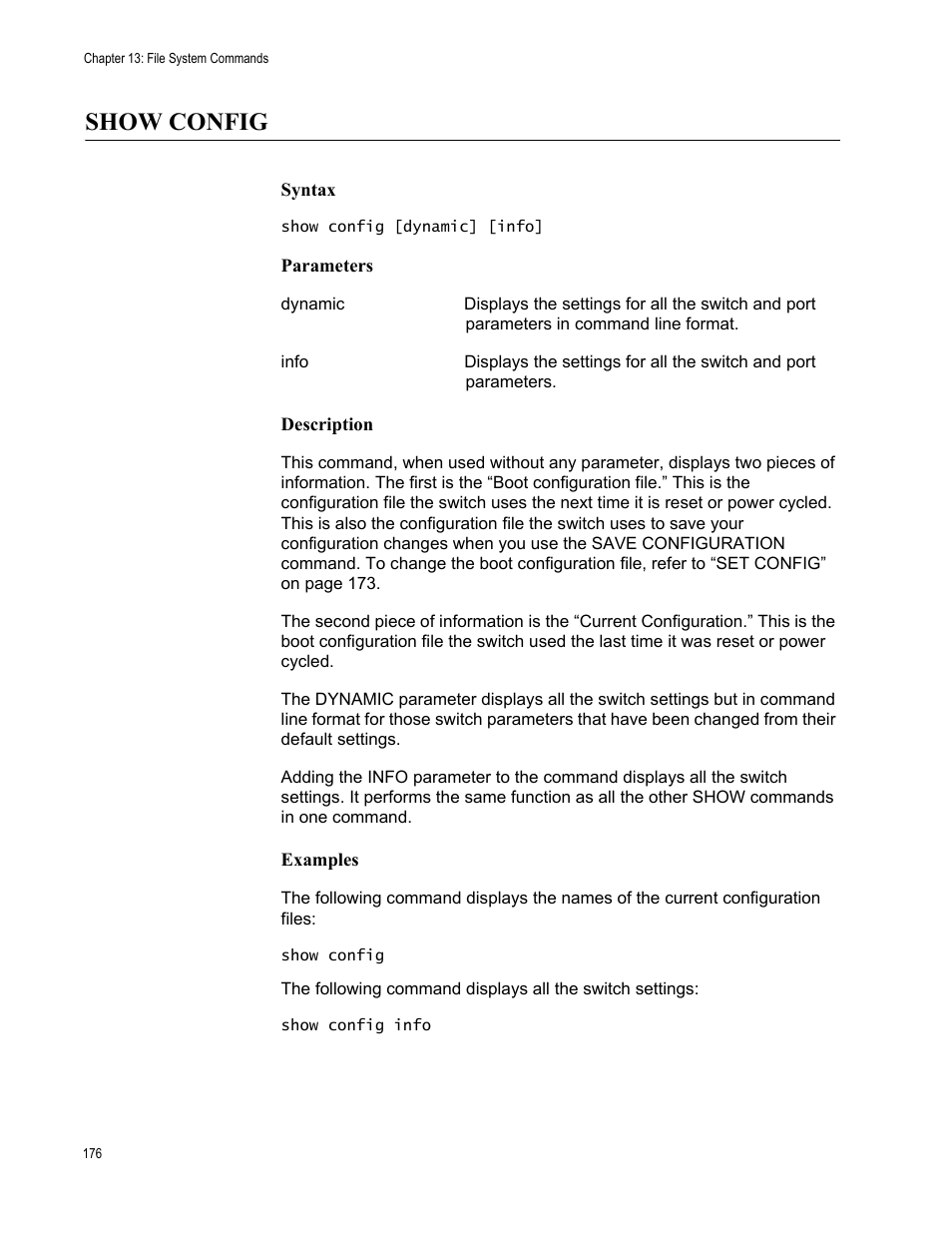 Show config, Syntax, Parameters | Description, Examples | Allied Telesis AT-S63 User Manual | Page 176 / 562