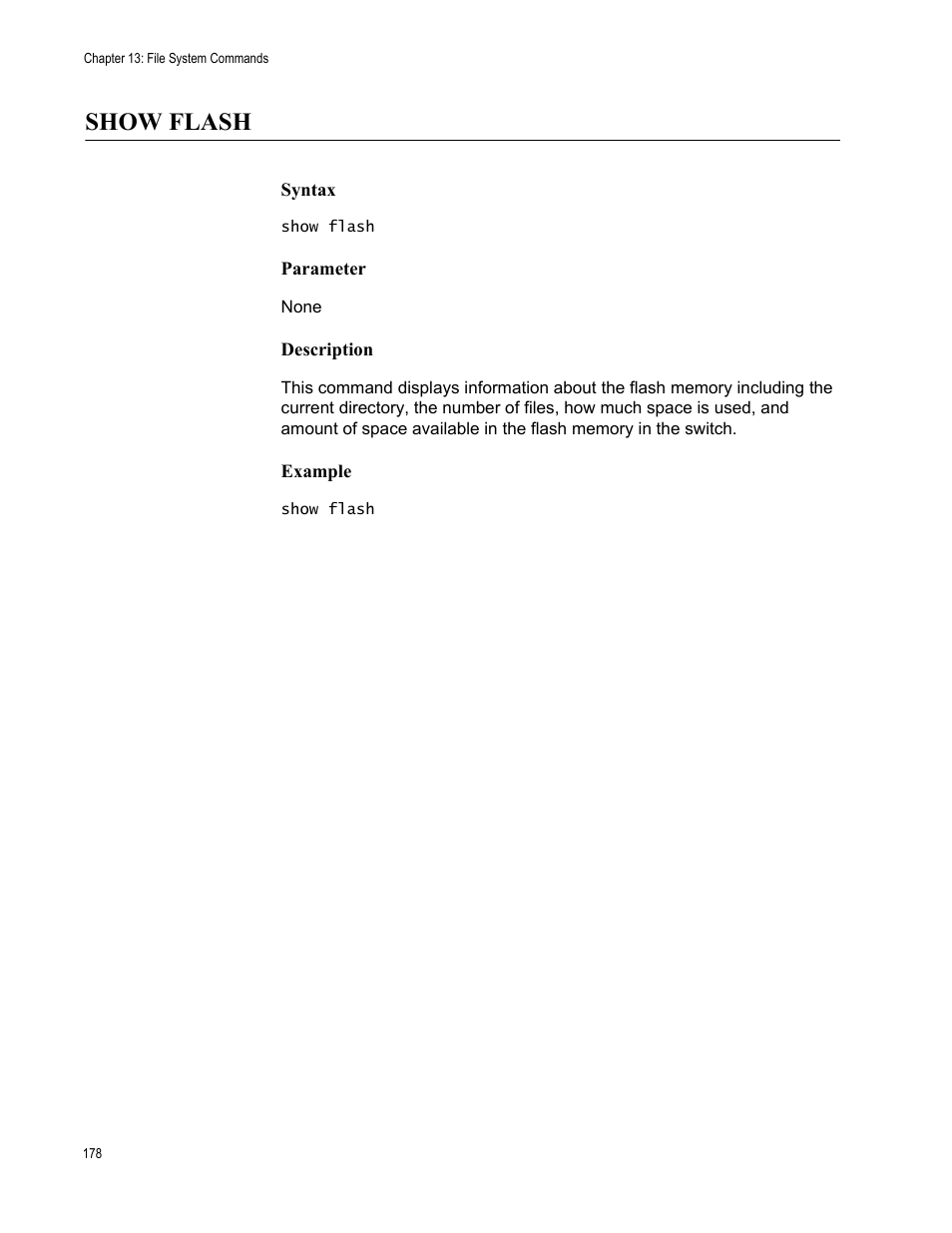 Show flash, Syntax, Parameter | Description, Example | Allied Telesis AT-S63 User Manual | Page 178 / 562