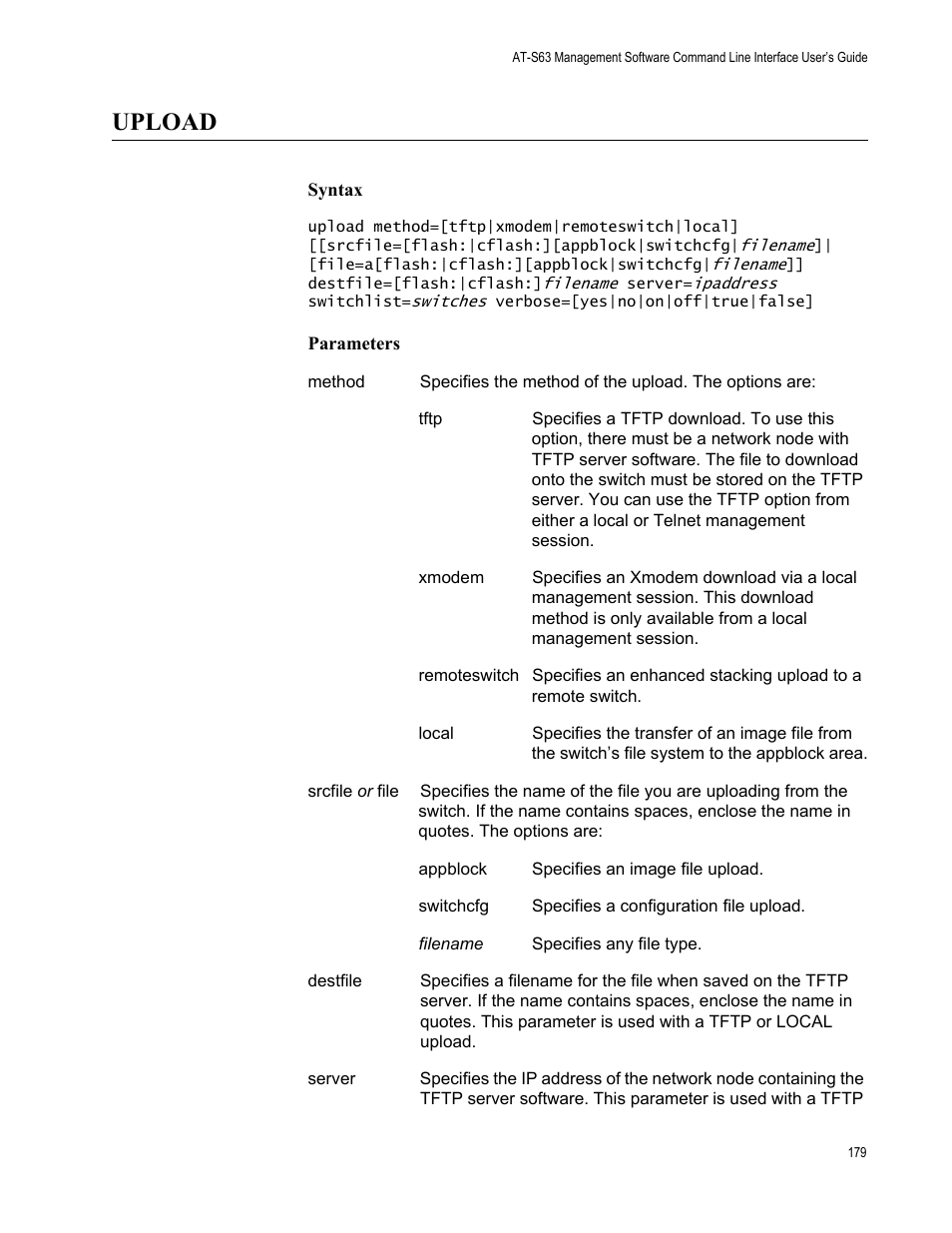 Upload, Syntax, Parameters | Allied Telesis AT-S63 User Manual | Page 179 / 562
