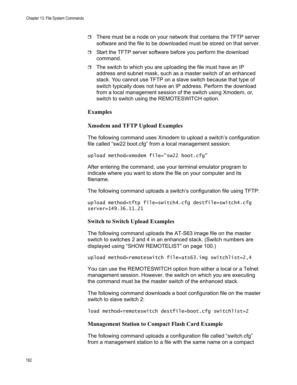 Examples, Xmodem and tftp upload examples, Switch to switch upload examples | Management station to compact flash card example | Allied Telesis AT-S63 User Manual | Page 182 / 562