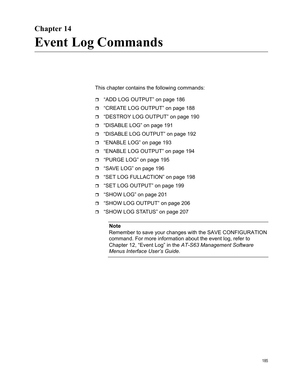 Chapter 14, Event log commands | Allied Telesis AT-S63 User Manual | Page 185 / 562