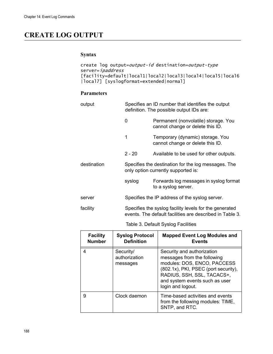 Create log output, Syntax, Parameters | Allied Telesis AT-S63 User Manual | Page 188 / 562