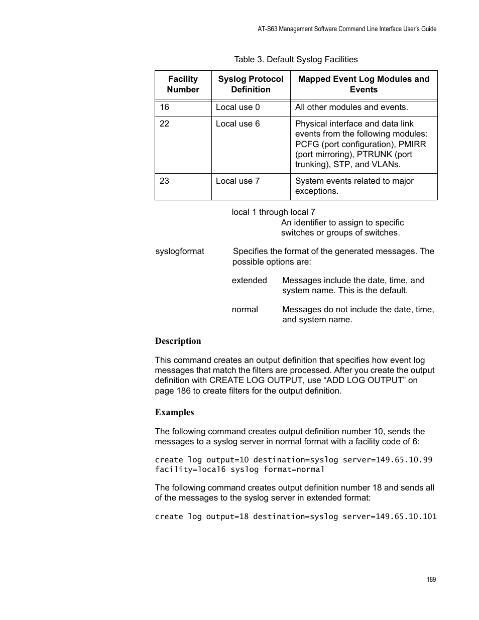 Description, Examples | Allied Telesis AT-S63 User Manual | Page 189 / 562