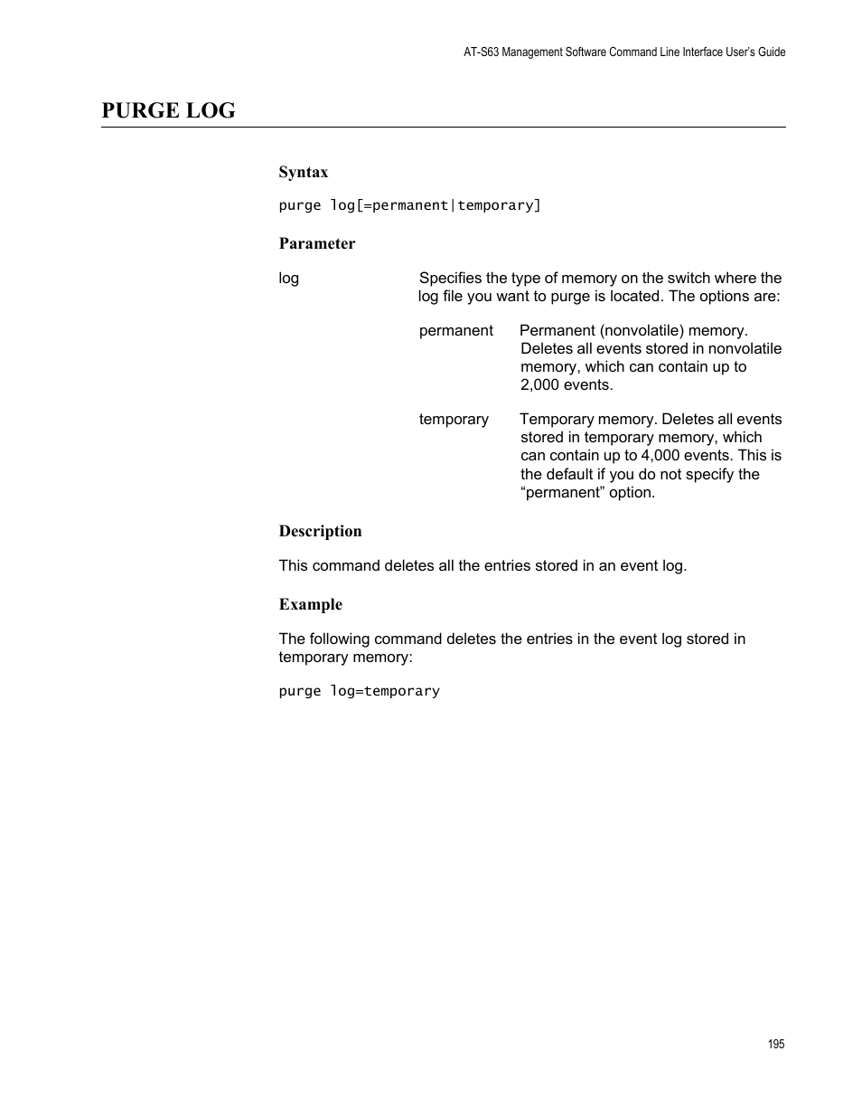 Purge log, Syntax, Parameter | Description, Example | Allied Telesis AT-S63 User Manual | Page 195 / 562