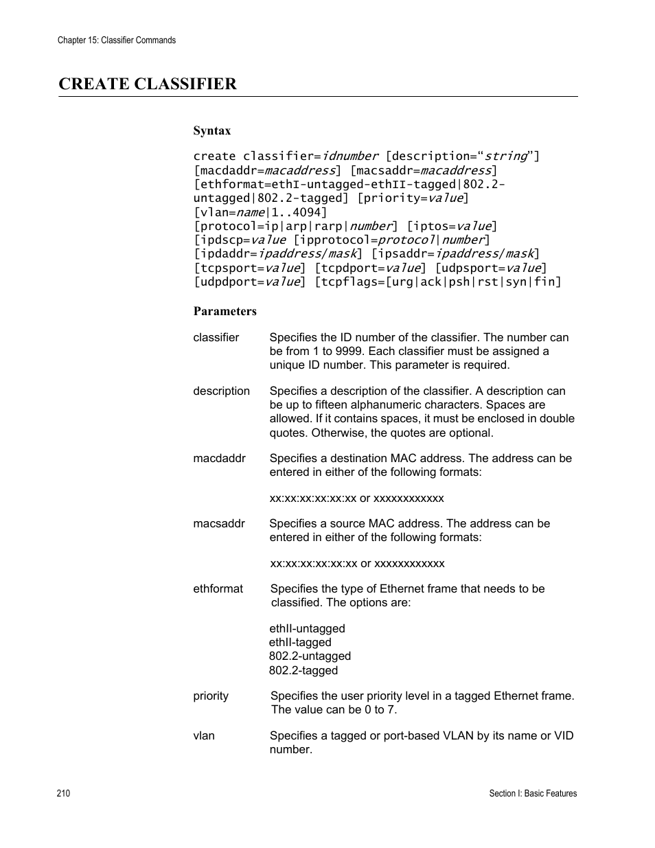 Create classifier, Syntax, Parameters | Allied Telesis AT-S63 User Manual | Page 210 / 562