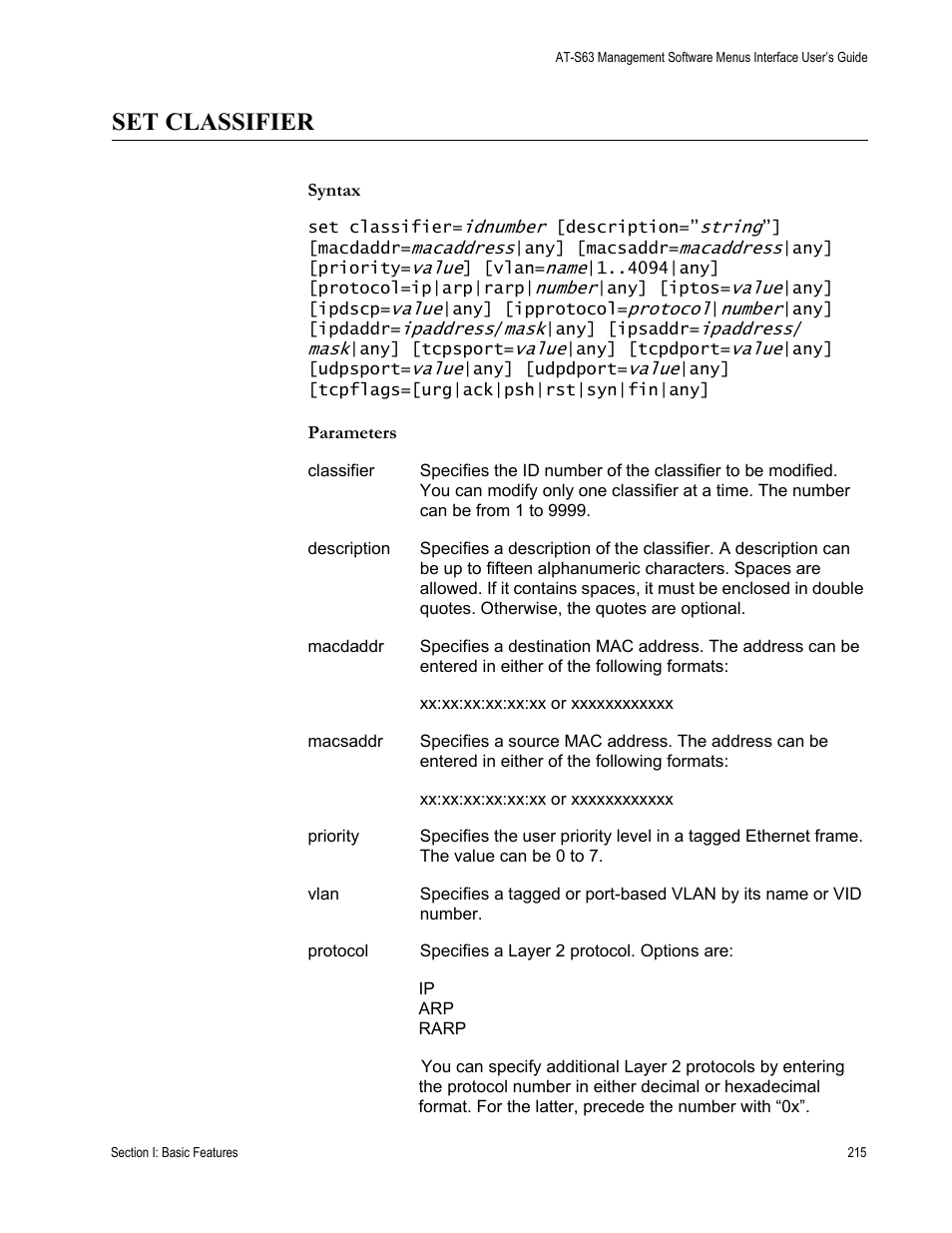 Set classifier, Syntax, Parameters | Allied Telesis AT-S63 User Manual | Page 215 / 562