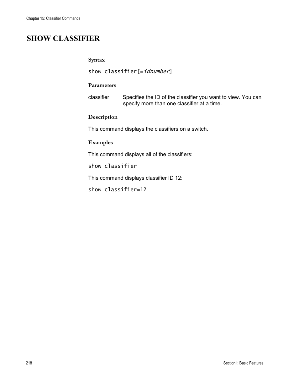 Show classifier, Syntax, Parameters | Description, Examples | Allied Telesis AT-S63 User Manual | Page 218 / 562