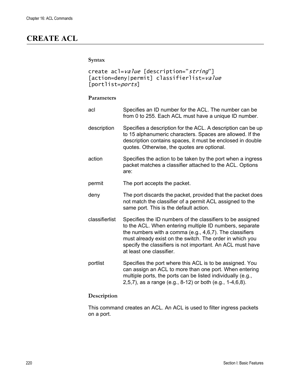 Create acl, Syntax, Parameters | Description | Allied Telesis AT-S63 User Manual | Page 220 / 562