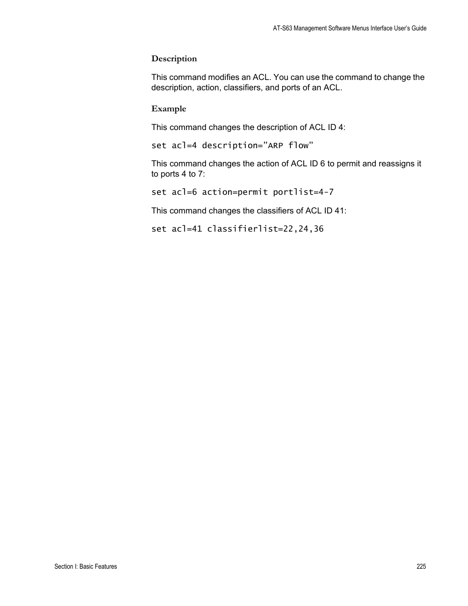 Description, Example | Allied Telesis AT-S63 User Manual | Page 225 / 562