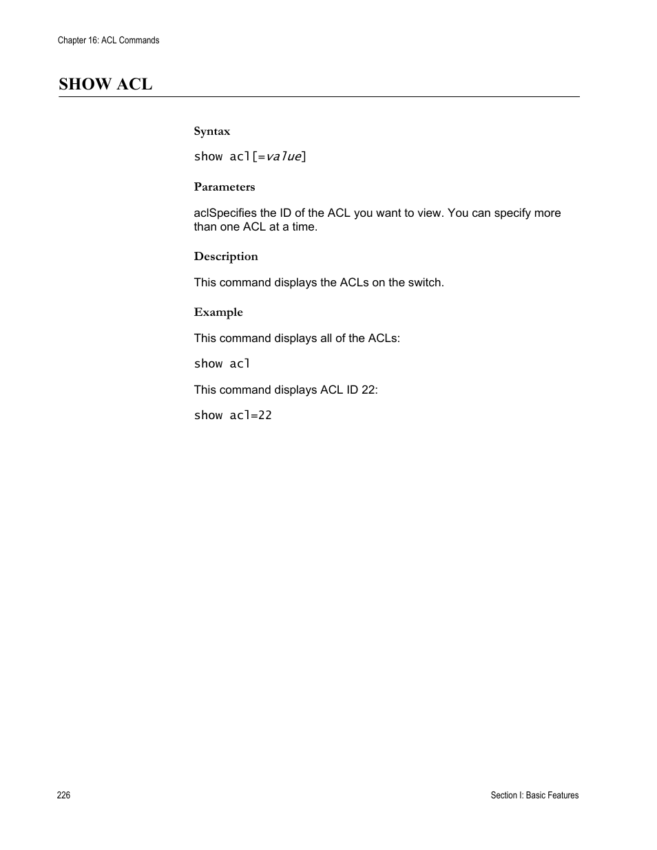 Show acl, Syntax, Parameters | Description, Example | Allied Telesis AT-S63 User Manual | Page 226 / 562